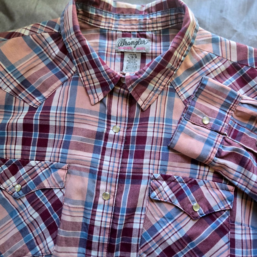 Wrangler Wrancher Womens Pink Plaid‎ Western Pearl Snap Long Sleeve Shirt Large